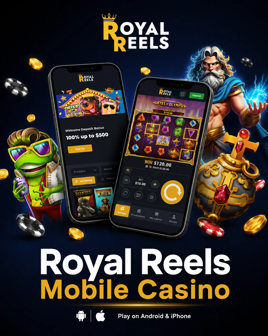 Royal Reels mobile promo and cashier screen