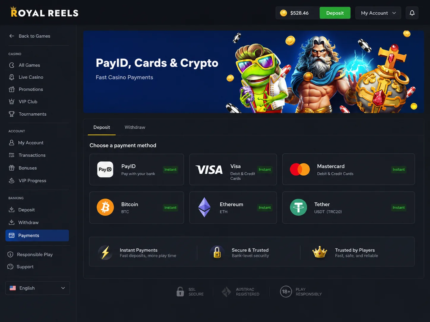 Royal Reels payments page with PayID cards and crypto