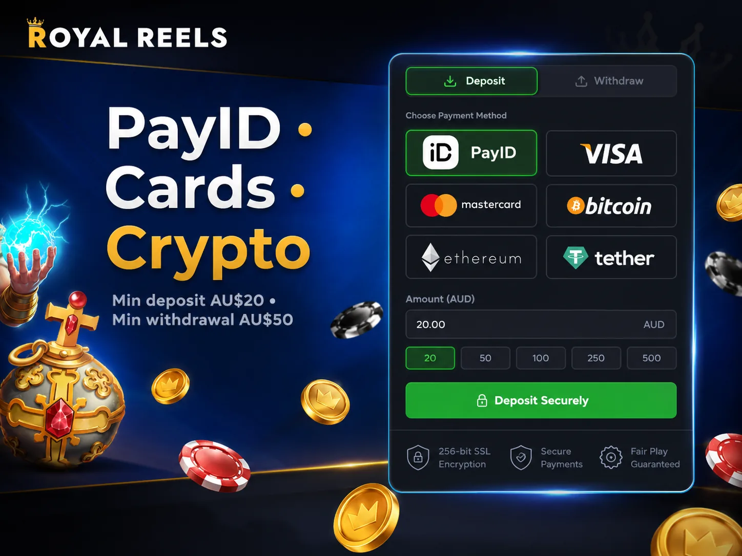 Royal Reels PayID and crypto payments