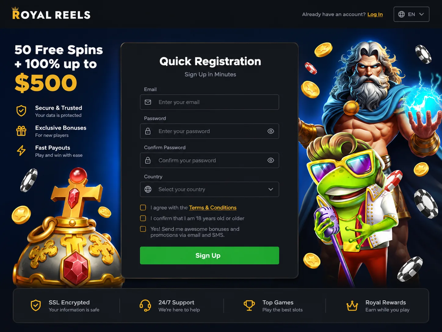 Royal Reels registration account card and verification